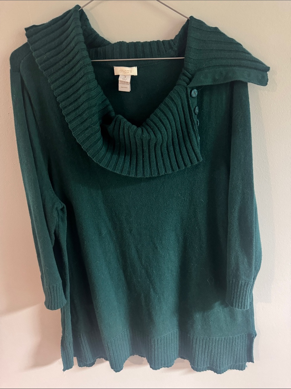 Chico's Dark Green Cowl Neck Sweater Size 3 Luxury Rabbit Hair Blend Tunic